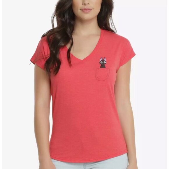 Studio Ghibli Kiki's Delivery Service Jiji Pocket V-Neck T-Shirt Box Lunch sz S - Picture 1 of 6
